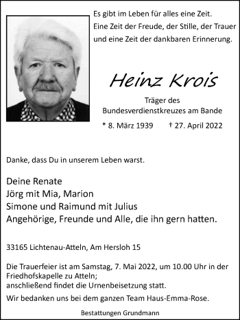 Traueranzeige von Heinz Krois von Westfalen-Blatt