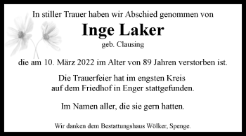 Traueranzeige von Inge Laker von Westfalen-Blatt