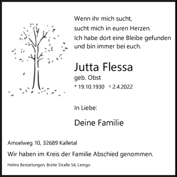 Traueranzeige von Jutta Flessa von Westfalen-Blatt