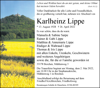 Traueranzeige von Karlheinz Lippe von Westfalen-Blatt