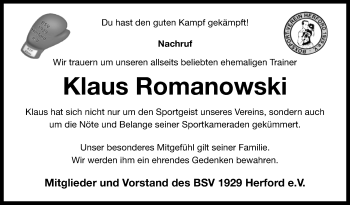 Traueranzeige von Klaus Romanowski von Westfalen-Blatt