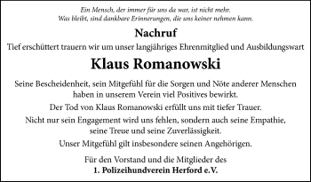 Traueranzeige von Klaus Romanowski von Westfalen-Blatt