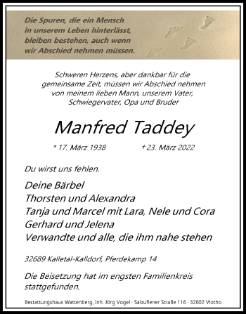 Traueranzeige von Manfred Taddey von Westfalen-Blatt