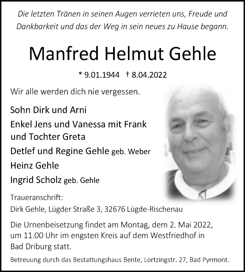  Traueranzeige für Manfred Helmut Gehle vom 23.04.2022 aus Westfalen-Blatt