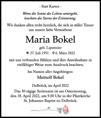 Traueranzeige von Maria Bokel von Westfalen-Blatt