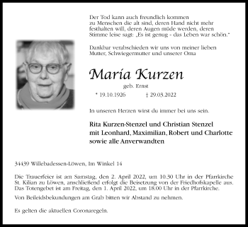 Traueranzeige von Maria Kurzen von Westfalen-Blatt