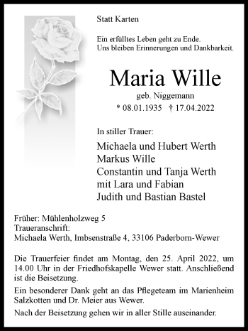 Traueranzeige von Maria Wille von Westfalen-Blatt