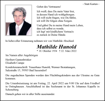 Traueranzeige von Mathilde Hunold von Westfalen-Blatt