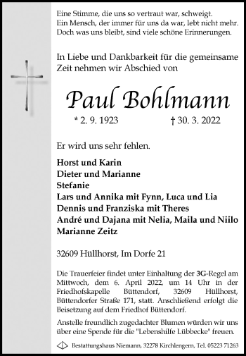 Traueranzeige von Paul Bohlmann von Westfalen-Blatt