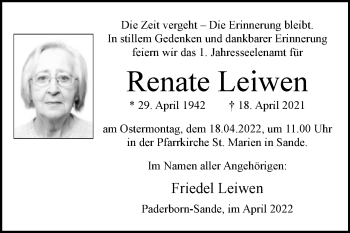 Traueranzeige von Renate Leiwen von Westfalen-Blatt