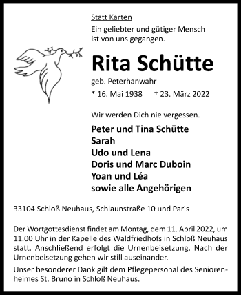 Traueranzeige von Rita Schütte von Westfalen-Blatt