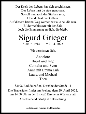 Traueranzeige von Sigurd Grieger von Westfalen-Blatt