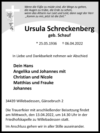 Traueranzeige von Ursula Schreckenberg von Westfalen-Blatt