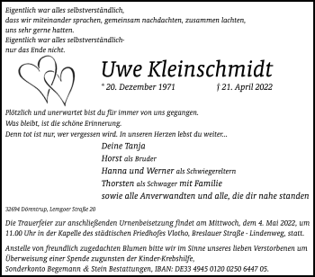 Traueranzeige von Uwe Kleinschmidt von Westfalen-Blatt