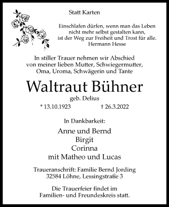 Traueranzeige von Waltraut Bühner von Westfalen-Blatt