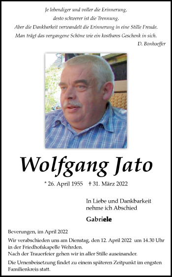 Traueranzeige von Wolfgang Jato von Westfalen-Blatt