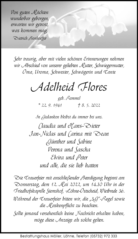 Traueranzeige von Adelheid Flores von Westfalen-Blatt