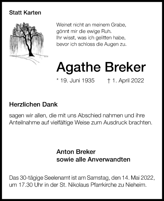 Traueranzeige von Agathe Breker von Westfalen-Blatt