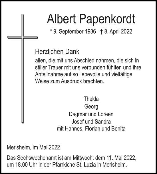 Traueranzeige von Albert Papenkordt von Westfalen-Blatt