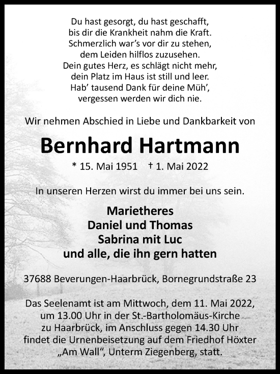 Traueranzeige von Bernhard Hartmann von Westfalen-Blatt