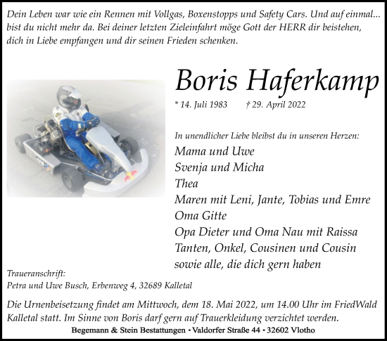 Traueranzeige von Boris Haferkamp von Westfalen-Blatt