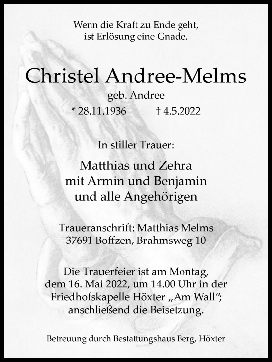 Traueranzeige von Christel Andree-Melms von Westfalen-Blatt