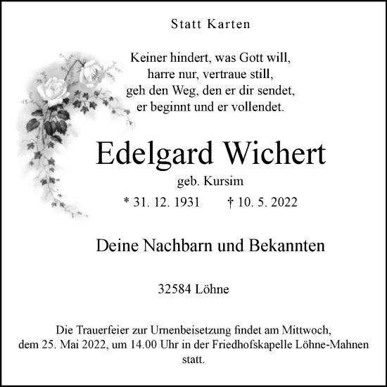 Traueranzeige von Edelgard Wichert von Westfalen-Blatt