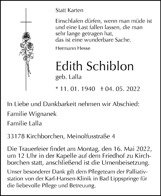 Traueranzeige von Edith Schiblon von Westfalen-Blatt