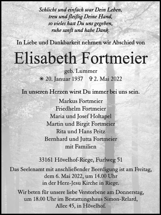 Traueranzeige von Elisabeth Fortmeier von Westfalen-Blatt