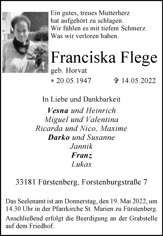 Traueranzeige von Franciska Flege von Westfalen-Blatt