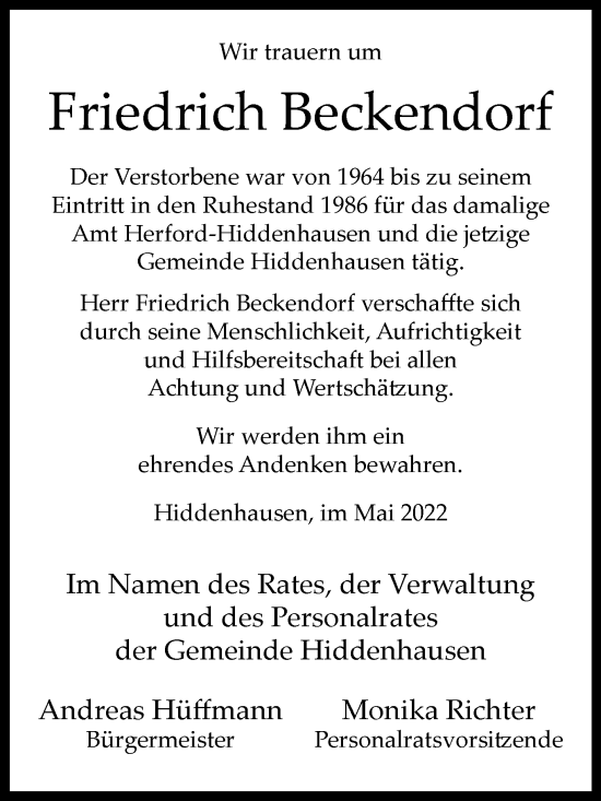 Traueranzeige von Friedrich Beckendorf von Westfalen-Blatt