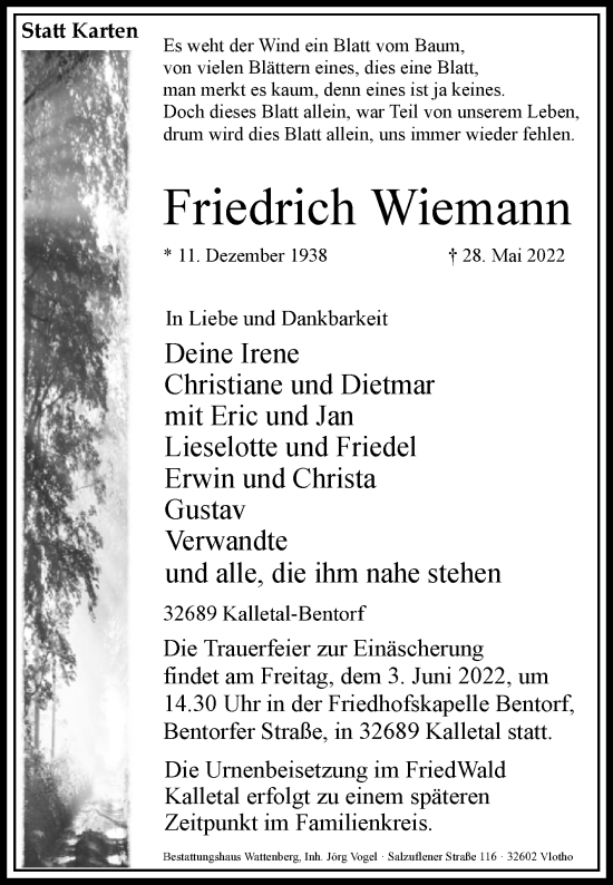 Traueranzeige von Friedrich Wiemann von Westfalen-Blatt