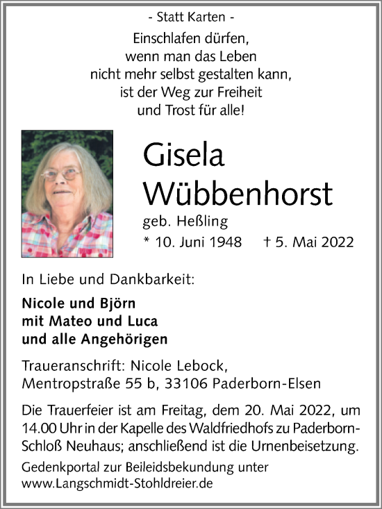 Traueranzeige von Gisela Wübbenhorst von Westfalen-Blatt