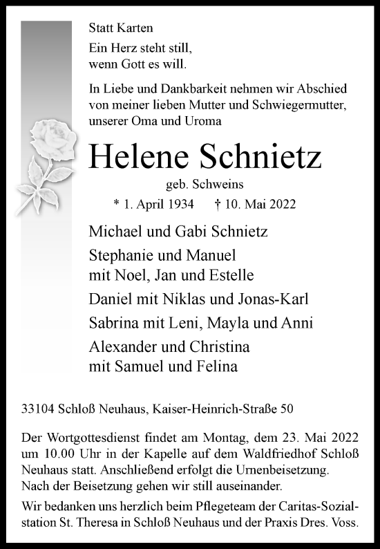 Traueranzeige von Helene Schnietz von Westfalen-Blatt