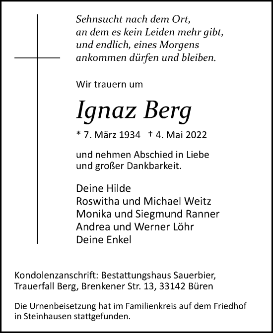 Traueranzeige von Ignaz Berg von Westfalen-Blatt