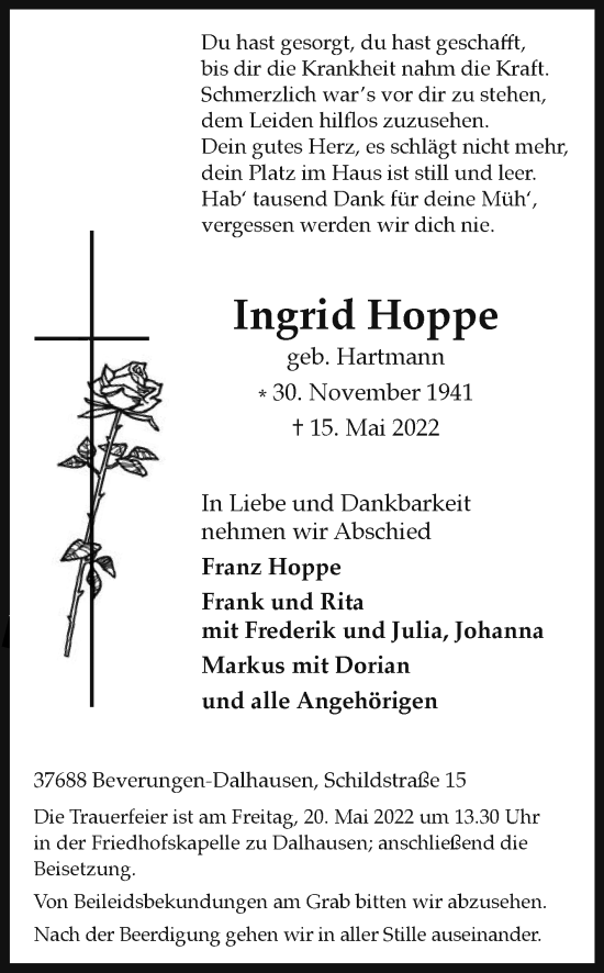 Traueranzeige von Ingrid Hoppe von Westfalen-Blatt