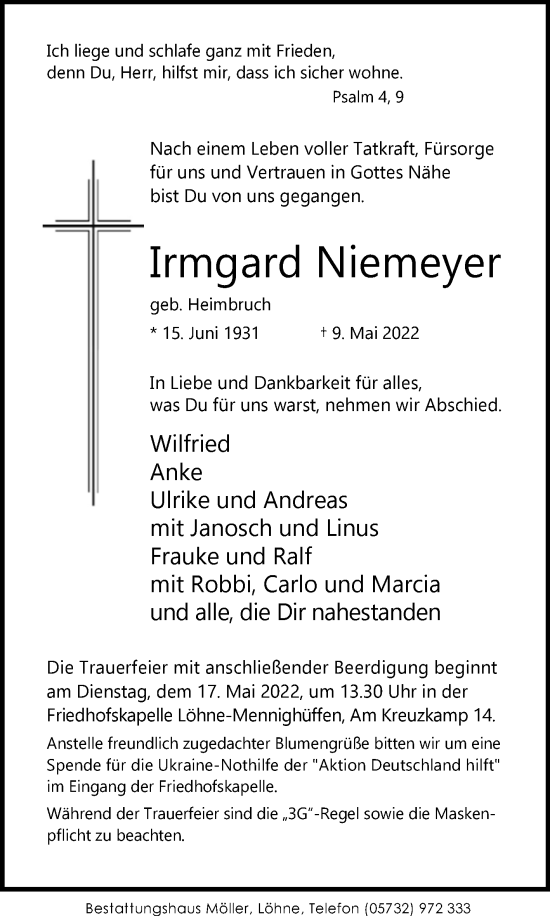 Traueranzeige von Irmgard Niemeyer von Westfalen-Blatt