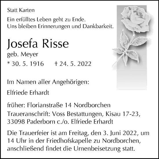 Traueranzeige von Josefa Risse von Westfalen-Blatt