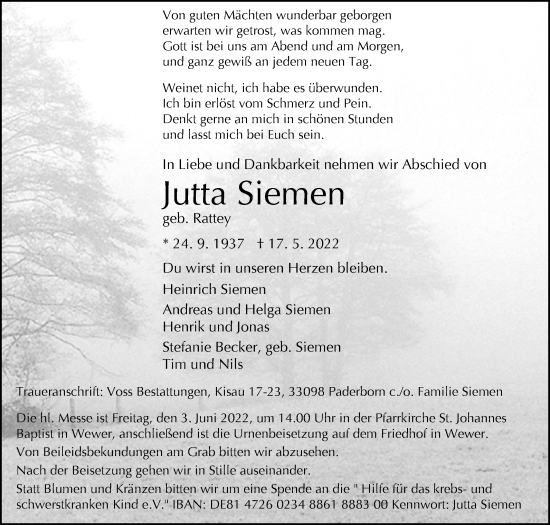 Traueranzeige von Jutta Siemen von Westfalen-Blatt