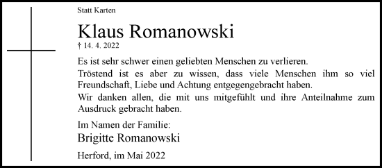 Traueranzeige von Klaus Romanowski von Westfalen-Blatt