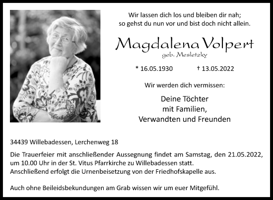 Traueranzeige von Magdalena Volpert von Westfalen-Blatt