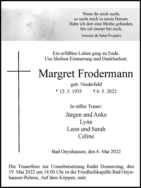 Traueranzeige von Margret Frodermann von Westfalen-Blatt