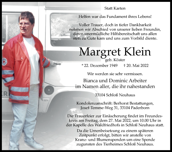 Traueranzeige von Margret Klein von Westfalen-Blatt