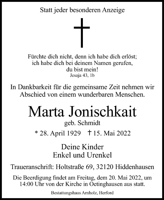 Traueranzeige von Marta Jonischkait von Westfalen-Blatt