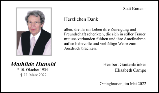 Traueranzeige von Mathilde Hunold von Westfalen-Blatt