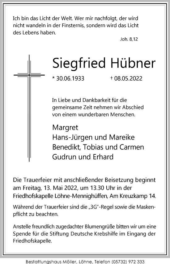 Traueranzeige von Siegfried Hübner von Westfalen-Blatt