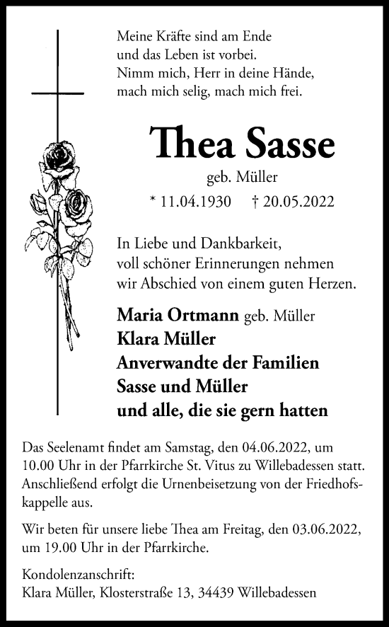 Traueranzeige von Thea Sasse von Westfalen-Blatt