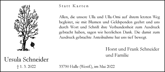 Traueranzeige von Ursula Schneider von Westfalen-Blatt