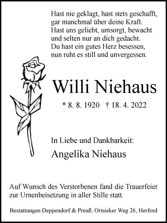 Traueranzeige von Willi Niehaus von Westfalen-Blatt