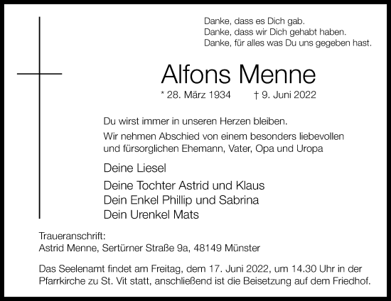 Traueranzeige von Alfons Menne von Westfalen-Blatt